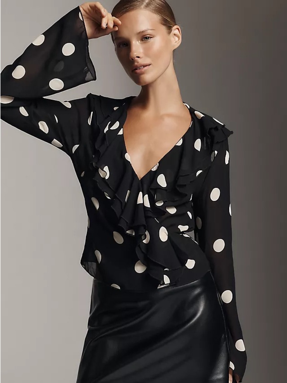 Reformation Kilah Black and White Polka Dot Ruffle V-Neck Blouse - Size 6